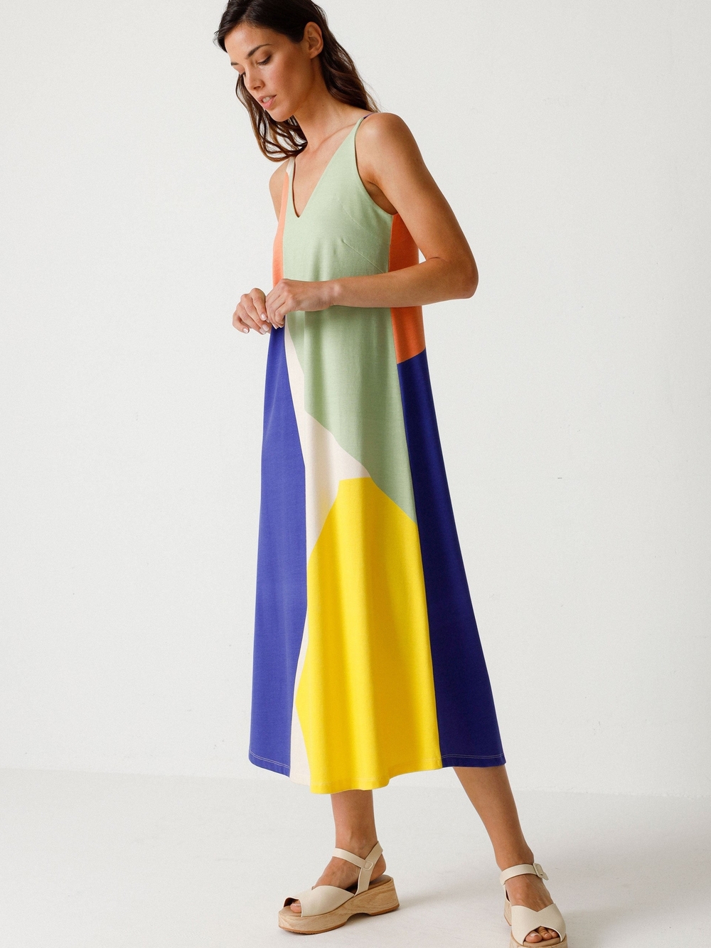 Organic MARTINA GOTS DRESS- Sleeveless V-Neck Midi Dress in Multi-Color